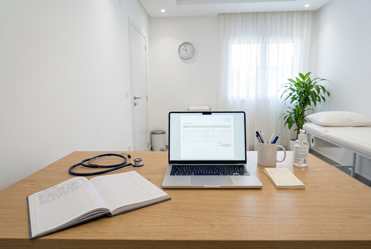Le bureau d'un cabinet médical : un registre ouvert, un stéthoscope, un ordinateur portable et un carnet de reçus.