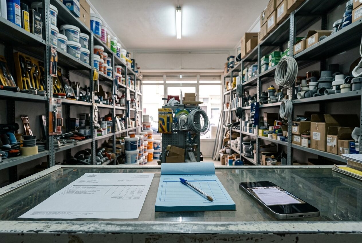 Le comptoir vitré d'une quincaillerie : un bon de livraison, un carnet de reçus et un téléphone posés devant les rayons.
