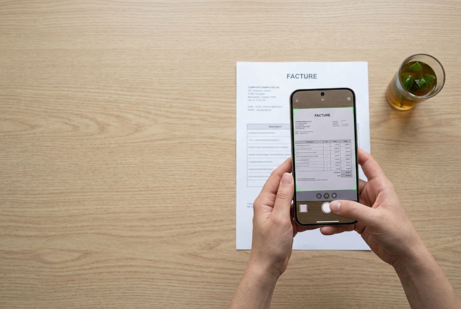 Deux mains scannent une facture papier avec un smartphone, sur un bureau en bois, à côté d’un verre de thé à la menthe.
