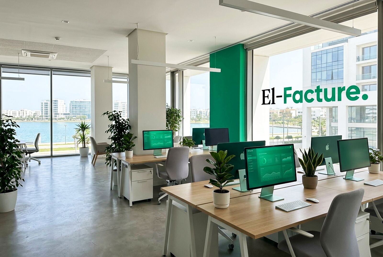 Un espace de bureau lumineux aux Berges du Lac, à Tunis, avec des plantes et vue sur le lac.