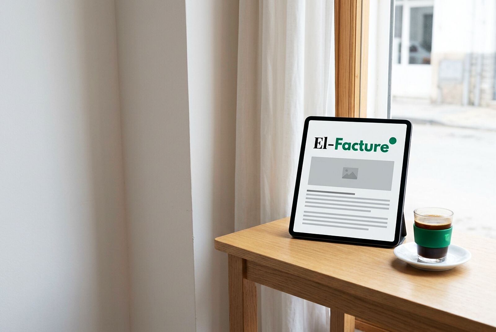 Une tablette affiche un article du blog El-Facture sur une table de café, près d'une fenêtre.