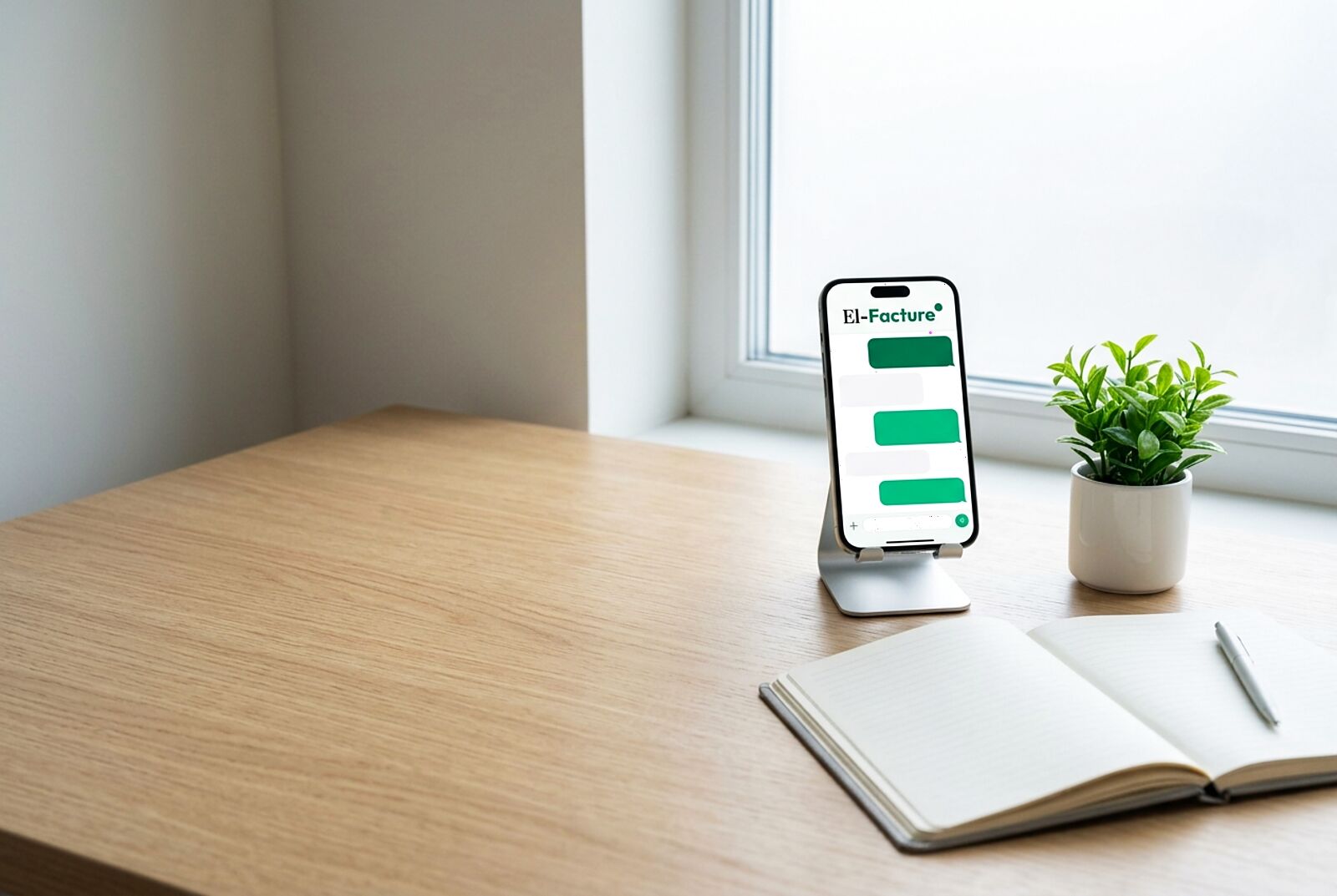 Un smartphone sur son support affiche une conversation, à côté d'un carnet ouvert et d'une plante.