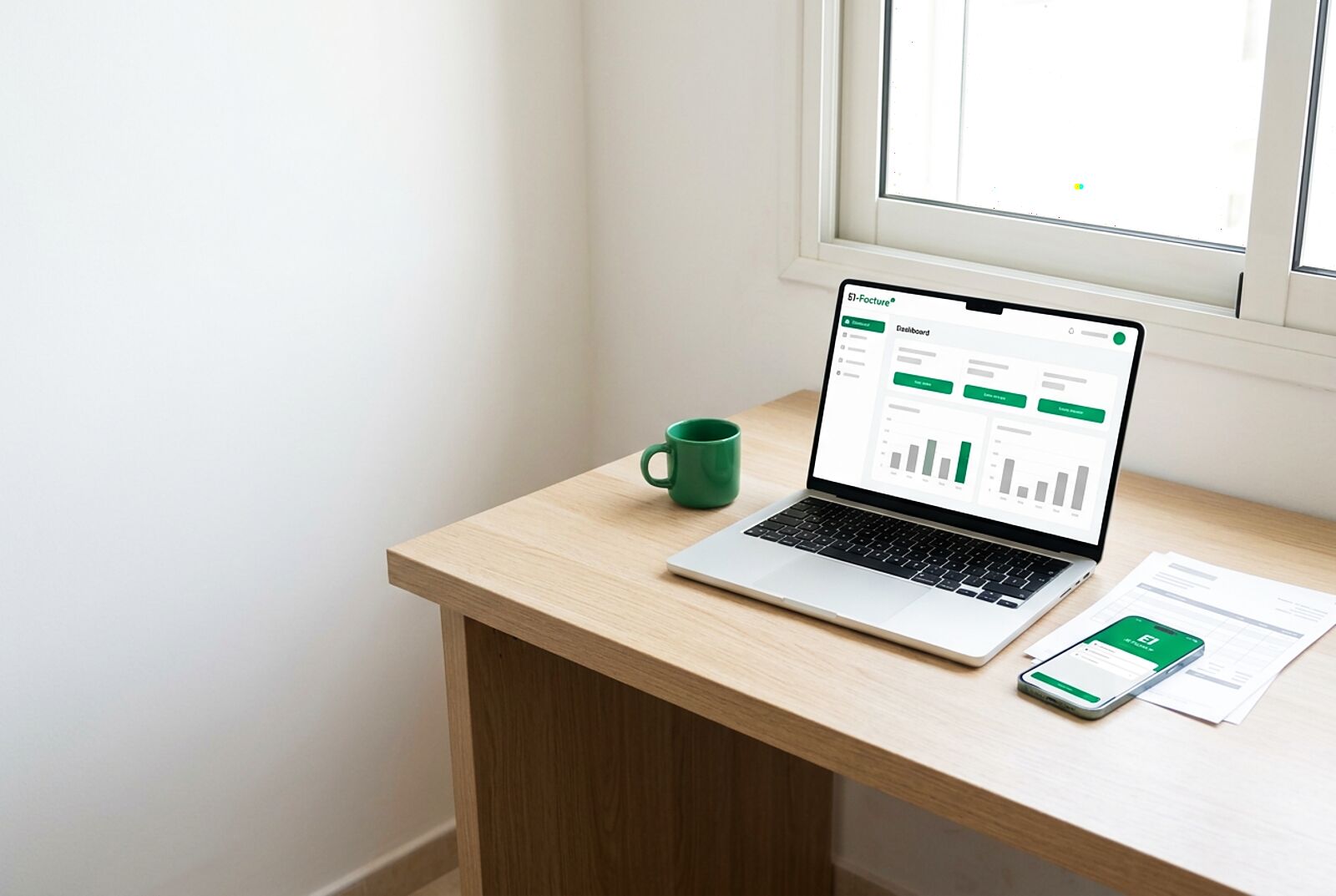 Un bureau en bois clair près d'une fenêtre : ordinateur portable ouvert sur un tableau de bord, tasse verte, téléphone et feuilles imprimées.