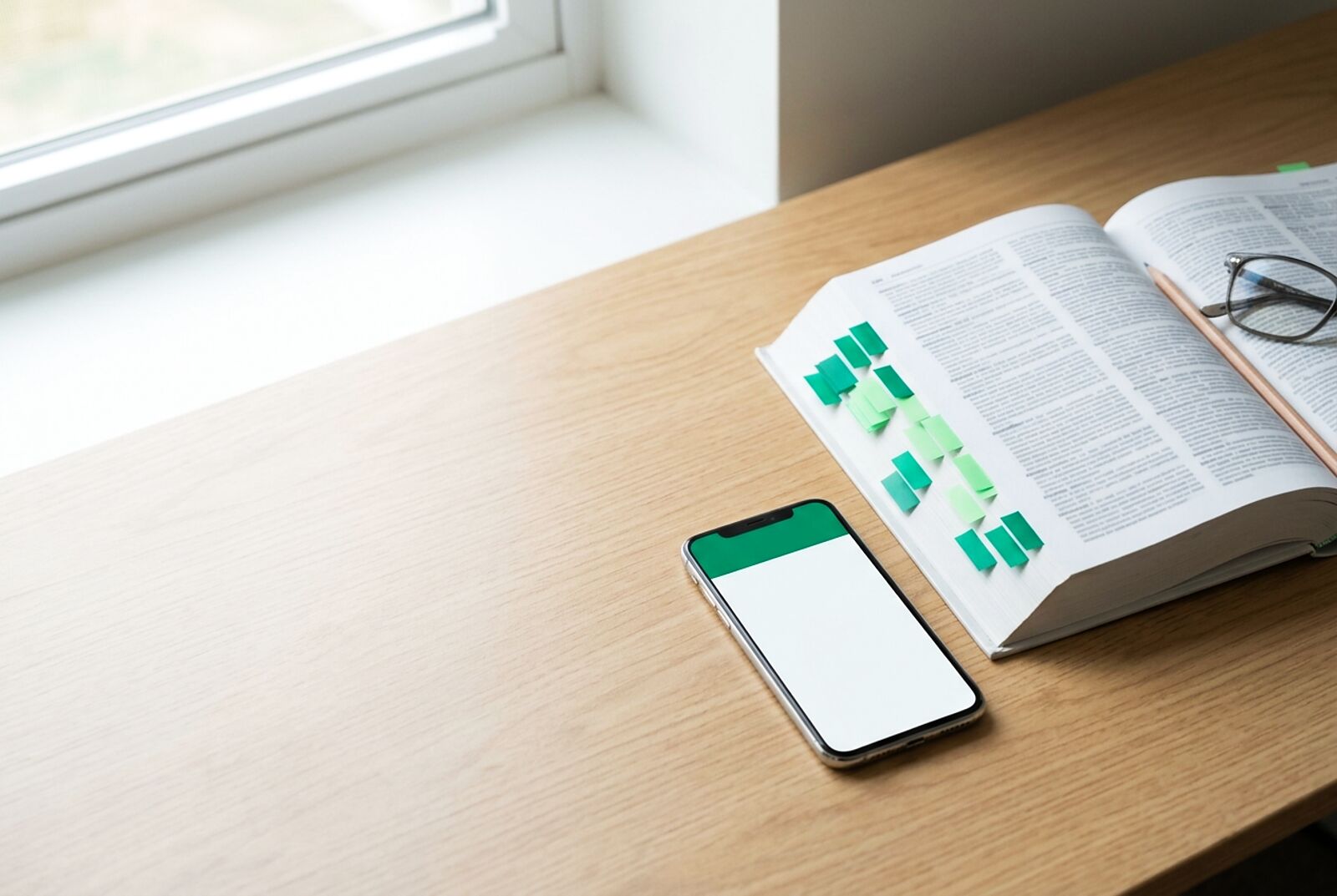 Un ouvrage de référence ouvert, marqué d'onglets verts, à côté d'un smartphone.