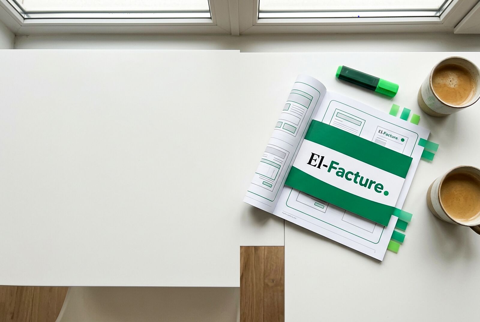 Un guide imprimé El-Facture ouvert sur un bureau, avec un surligneur vert et un café.