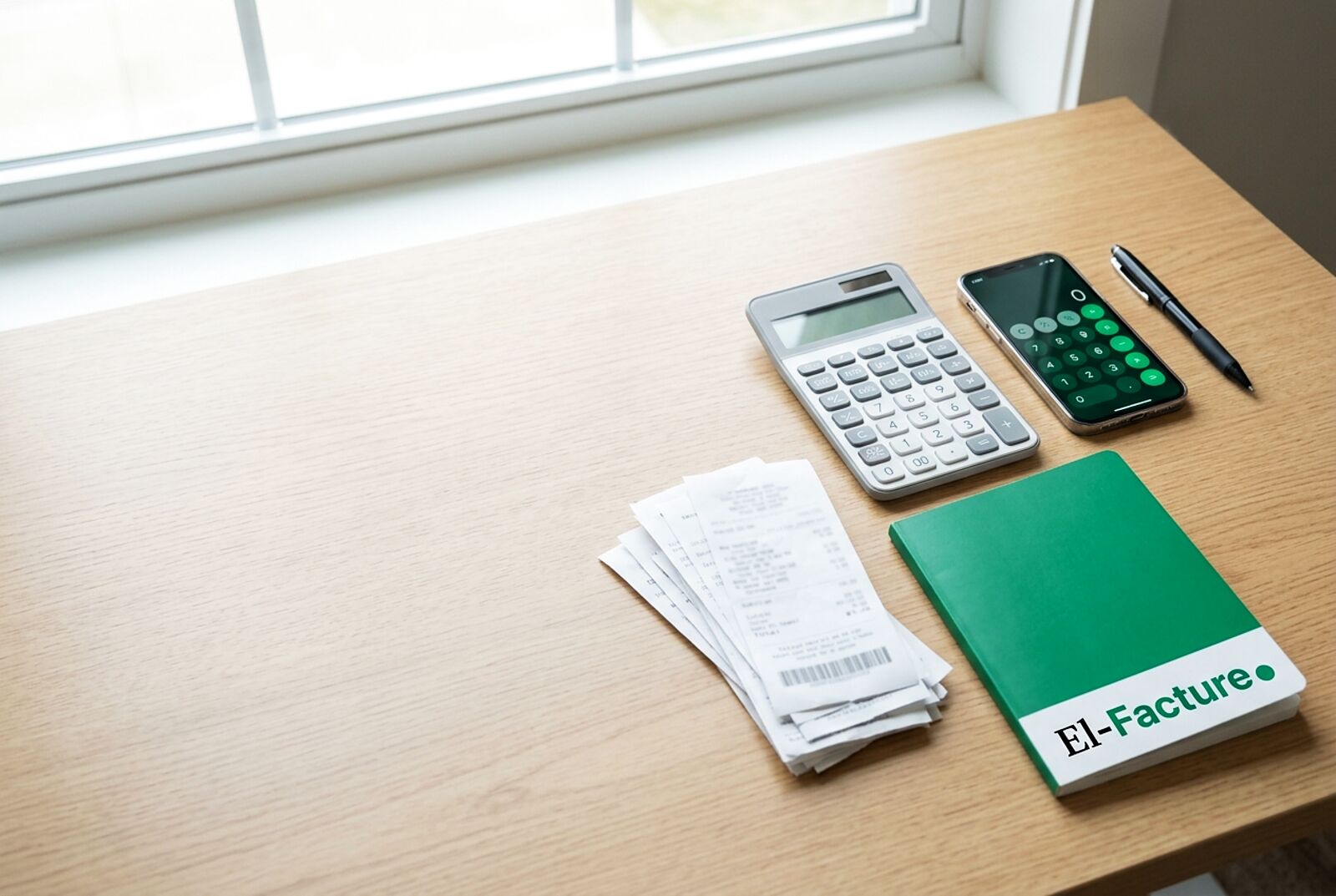 Une calculatrice, un smartphone et des tickets de caisse sur un bureau, avec un carnet vert.