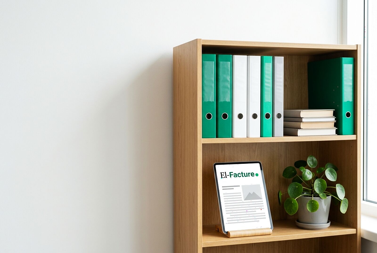 Une étagère de bureau avec des classeurs verts et une tablette affichant un article El-Facture.