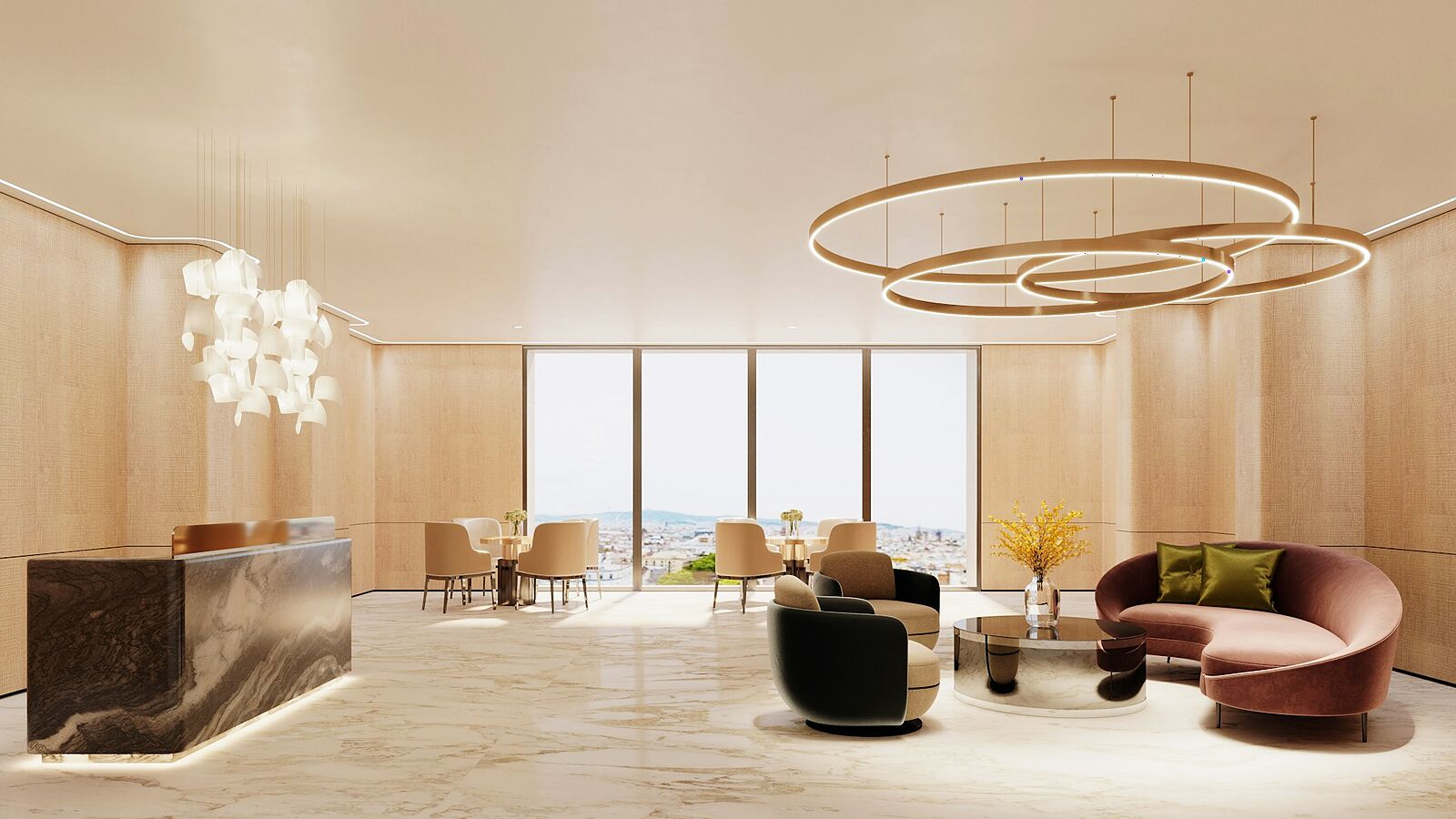 Le hall d'un hôtel moderne et lumineux : banque d'accueil en marbre, fauteuils, luminaires et grandes baies vitrées.