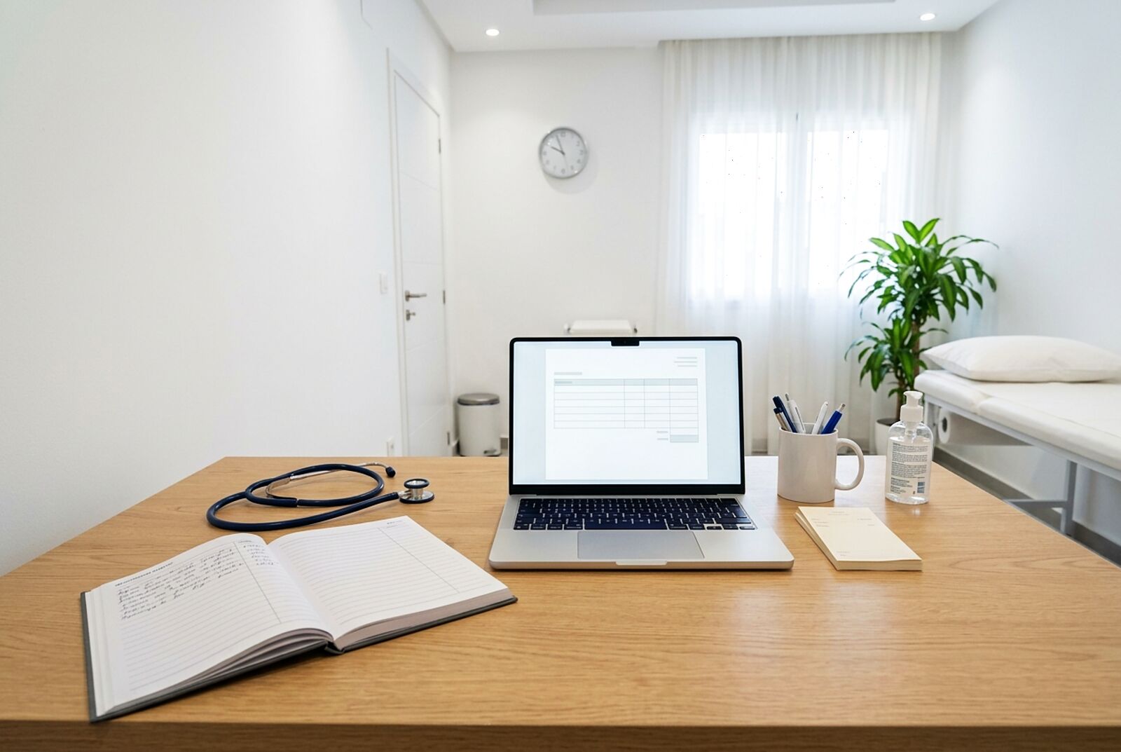 Le bureau d'un cabinet médical récent : ordinateur portable ouvert, stéthoscope, registre et table d'examen.