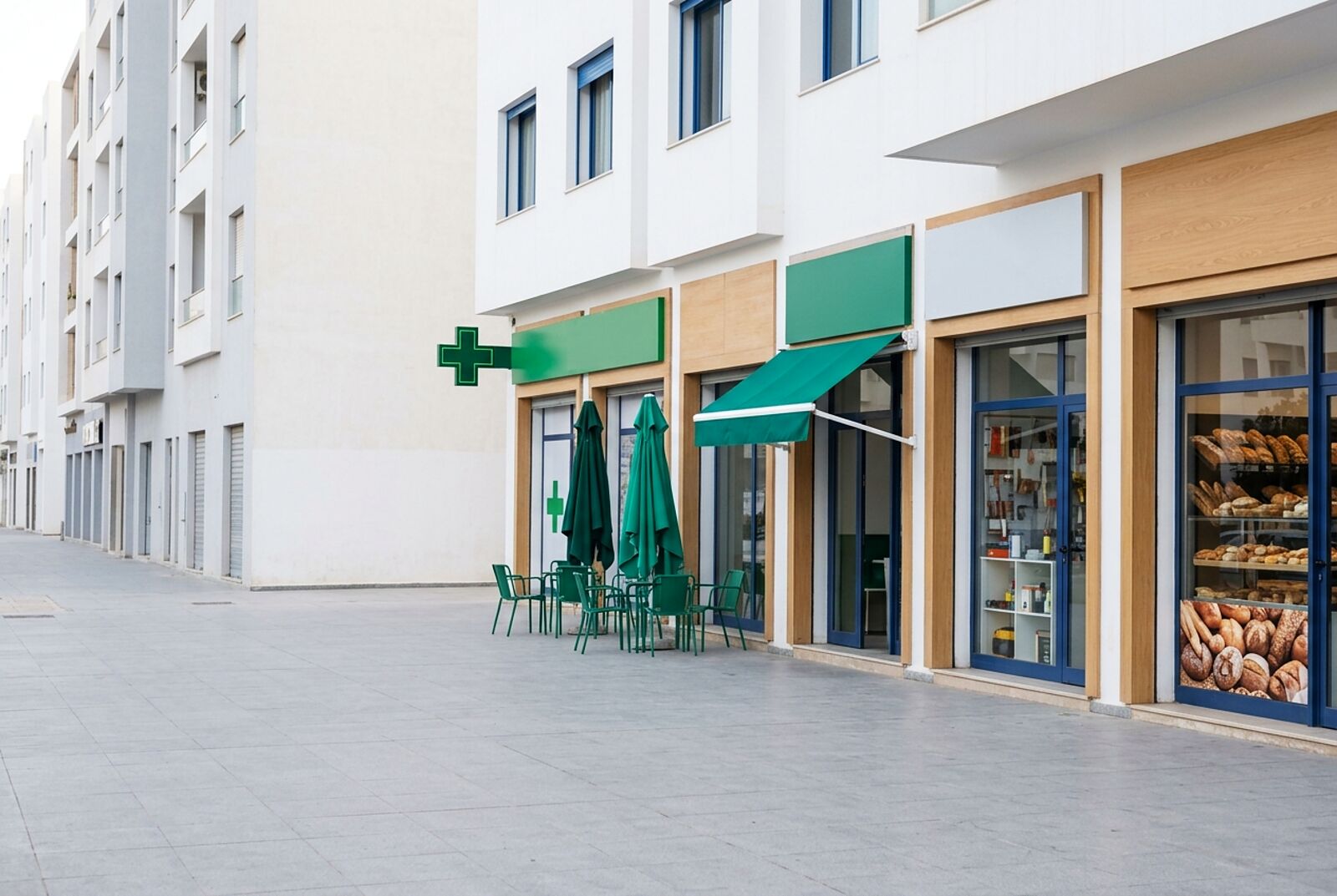 Une rue commerçante de Tunis le matin : pharmacie, café à terrasse verte, boulangerie.