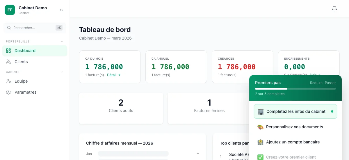 El-Facture — Dashboard avec KPIs, CA mensuel, activite recente