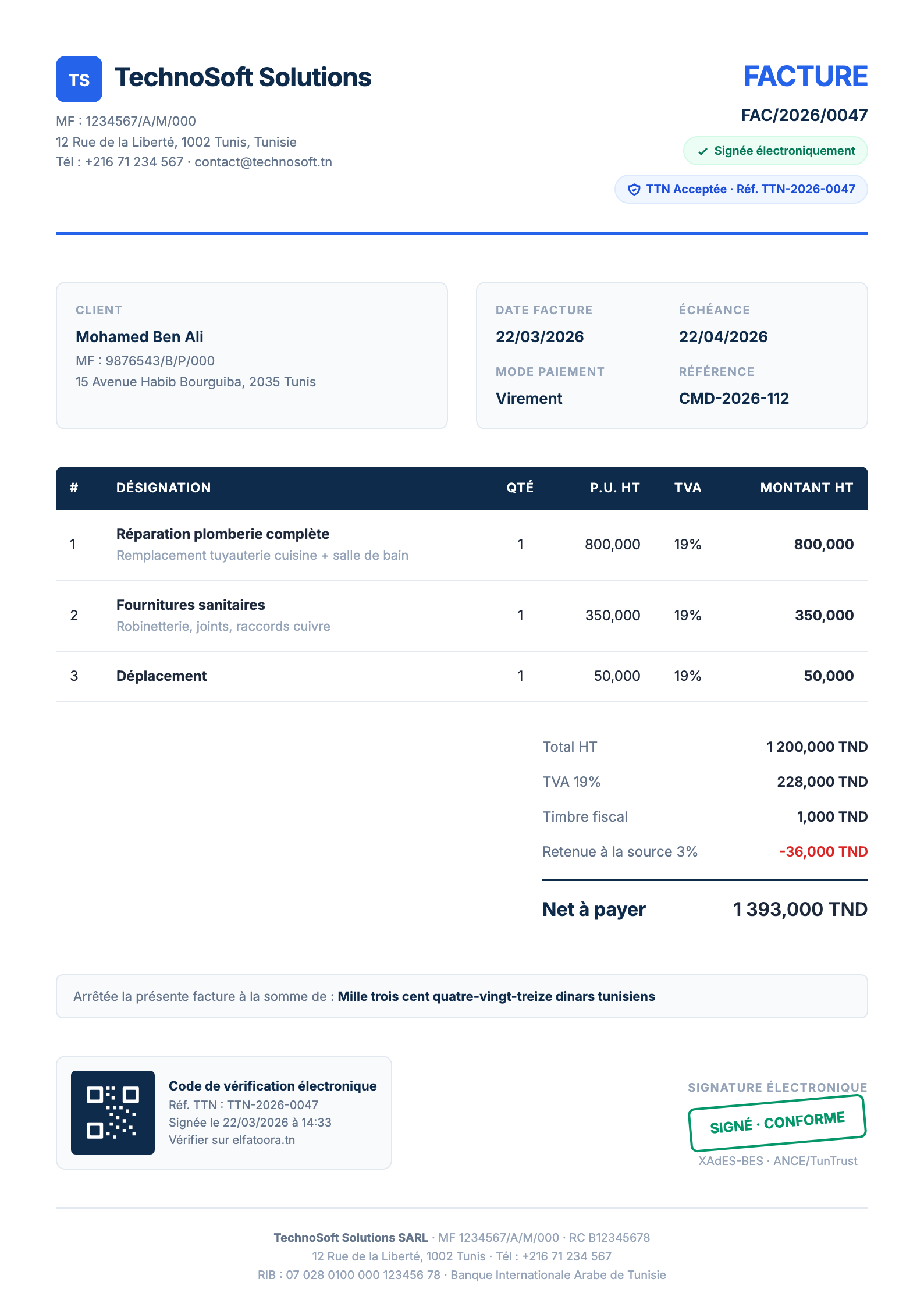 Facture électronique El-Facture signée avec QR code, conforme TTN/TEIF